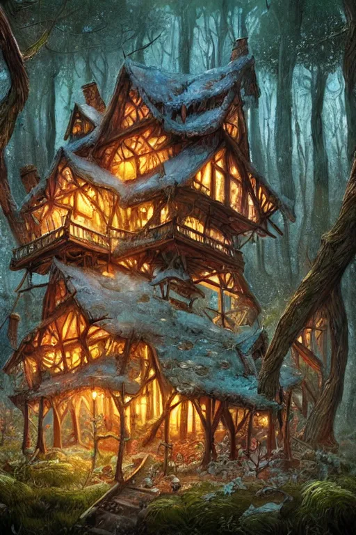 Image similar to a storybook illustration of a ramshackle multistory fairytale hut in the forest, intricate, elegant, fantasy, highly detailed, digital painting, concept art, sharp focus, artstation