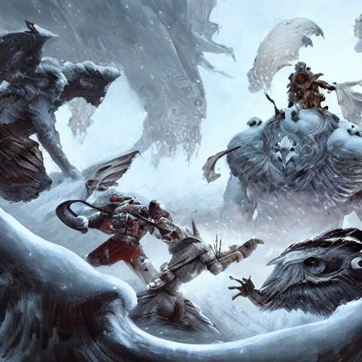 Prompt: a group of heroes fighting a huge terrifying white owl in a snowy landscape, fantasy concept art, intricate detail