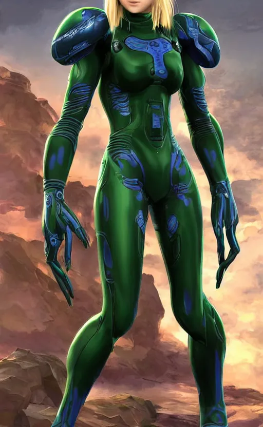 Image similar to samus aran bioorganic varia suit, energetic varia suit, full body portrait, highly detailed, intricate, concept art