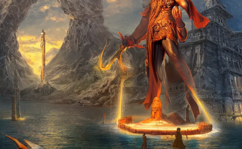 Prompt: A large statue of a wizard guarding the entrance to a port, landscape art, concept art, fantasy, inspiring, colossus of rhodes, bright lighting, colorful