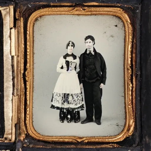 Prompt: Daguerreotype of a post-punk goth couple