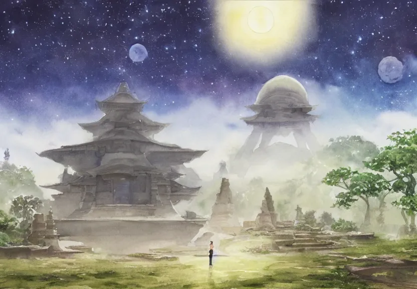 Image similar to a hyperrealist watercolor concept art from a studio ghibli film showing one giant grey aliens. a temple is under construction in the background in india on a misty and starry night. by studio ghibli. very dull muted colors