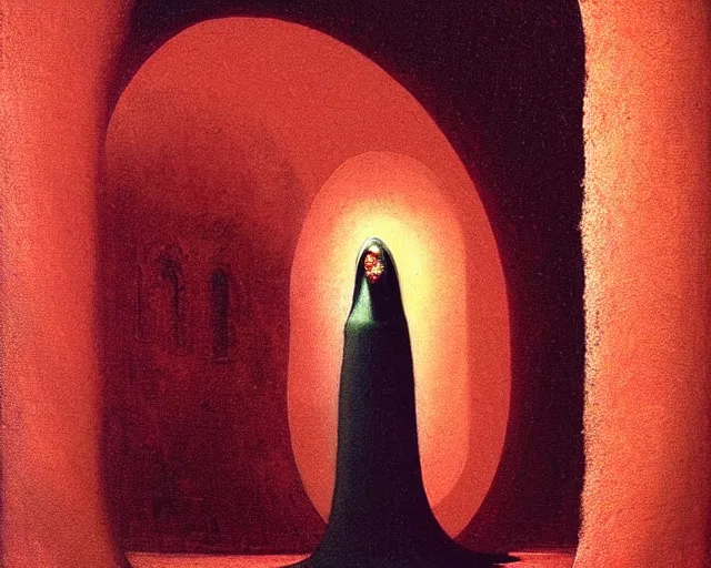 Image similar to lamprey by francis bacon, beksinski, mystical redscale photography evocative. devotion to the scarlet woman in her cathedral, priestess in a conical hat, coronation, ritual, sacrament