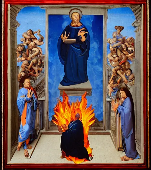 Prompt: hank hill wearing a white toga, emerging from blue fire, surrounded by blue flames, waist - up shot, renaissance religious painting, late gothic religious paintings, byzantine religious art, painting by duccio di buoninsegna and carlo crivelli, trending on artstation