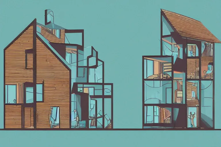 Image similar to a beautiful flat 2 dimensional illustration of a cross section of a house, view from the side, a storybook illustration by tim biskup, colorful, minimalism, featured on dribble, unique architecture, behance hd, dynamic composition