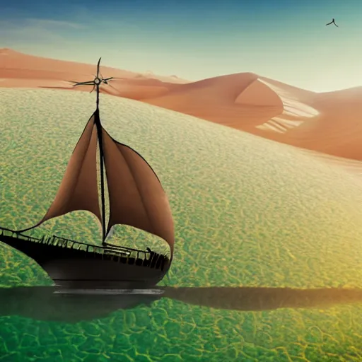 Prompt: a ship sailing across the desert, covered in greenery, photo-realisitc fantasy