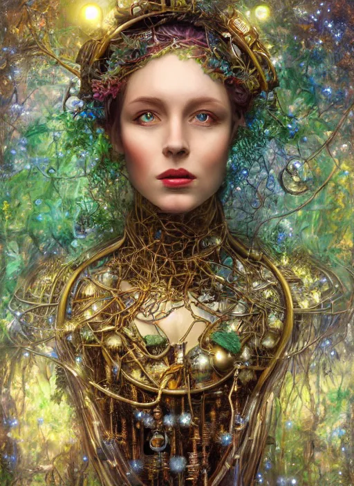 Image similar to oil painting of android woman covered by plants and crystals in the mystical forest, beautiful symmetrical face, renaissance style, wires and cords, golden steampunk, retro futurism, sci - fi, filigree jewellery, baroque, cinematic light, mystical shadows, 8 k