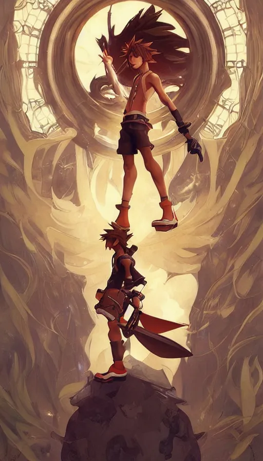 Image similar to sora from kingdom hearts by artgerm, greg rutkowski and alphonse mucha, concept art, matte, intricate, full body, epic composition