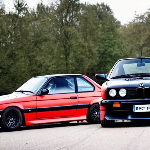 Prompt: bmw m 3 e 3 0, spewing black smoke from exhaust, angry greta thunber in foreground