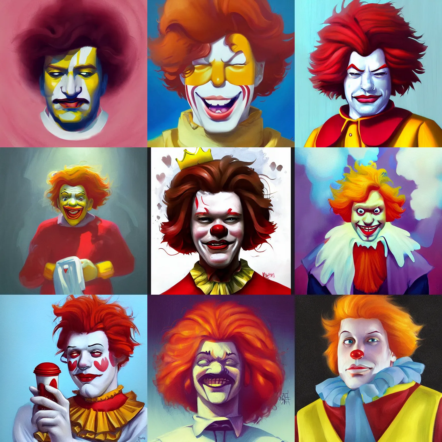 Prompt: Portrait, Ronald McDonald!! King of the world!!!, Feeling miserable, by Loish