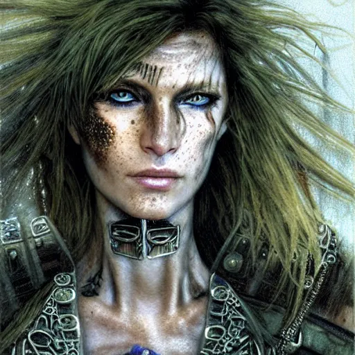 Prompt: an award finning closeup facial portrait by luis royo and john howe of a very beautiful and attractive female bohemian cyberpunk traveller aged 5 0 with green eyes and freckles in clothed in excessively fashionable cyberpunk gear and wearing ornate warpaint