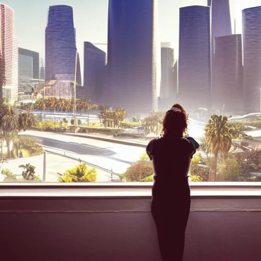 Image similar to a woman looking out her panoramic window at a futuristic cyberpunk los angeles. flying cars and vehicles