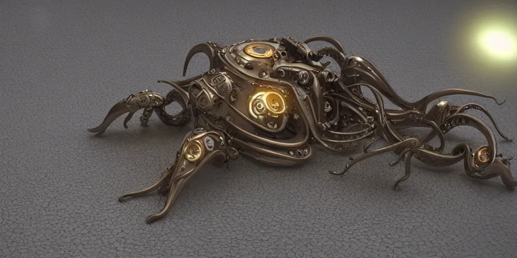 Image similar to low - angle medium shot of an miniature tetrapod octopus steampunk space alien from the future on its first day of driver's ed learning to parallel park. 8 k, 4 k, hq, 3 d render, digital art, dramatic lighting, comedy, science fiction, hyper realistic, ultra detailed. style of fifth element, gravity, silent running.