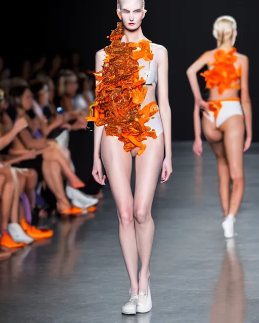 Prompt: multi panel storyboard of olivia wearing an outfit made of orange peels, runway model at new york fashion week, sporty physique, black hair, freckles, pale skin, half body portrait, photo by greg rutkowski, stage lighting, soft colors, female beauty, intricate detail, elegance, 3 5 mm, depth of field, masterpiece