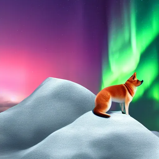 Prompt: shiba inu howling on top of a cliff. colorful northern lights in the background. digital painting, award winning, high detail, photorealistic, high quality, 4 k, cinematic lighting