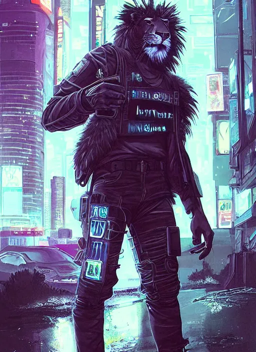 Image similar to beautiful portrait commission of a male furry anthro lion wearing a bullet proof vest and cargo pants. Cyberpunk city at night in the rain. Neon light. Atmospheric. Character design by charlie bowater, ross tran, artgerm, and makoto shinkai, detailed, inked, western comic book art