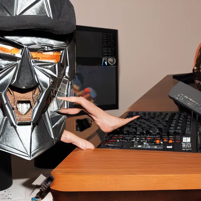 Image similar to a photograph of an origami of mf doom playing a roland sp 4 0 4 on top of a wooden table