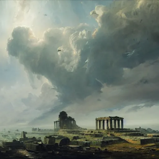 Prompt: Panorama view of a hurricane lifting the ruins of an ancient city into a sea of clouds, oil painting, by Greg Rutkowski