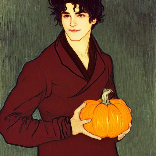 Prompt: painting of young cute handsome beautiful dark medium wavy hair man in his 2 0 s named shadow taehyung at the halloween pumpkin party holding pumpkin while wearing small gloves, melancholy, autumn colors, japan, elegant, clear, painting, stylized, delicate, soft facial features, delicate facial features, soft art, art by alphonse mucha, vincent van gogh, egon schiele