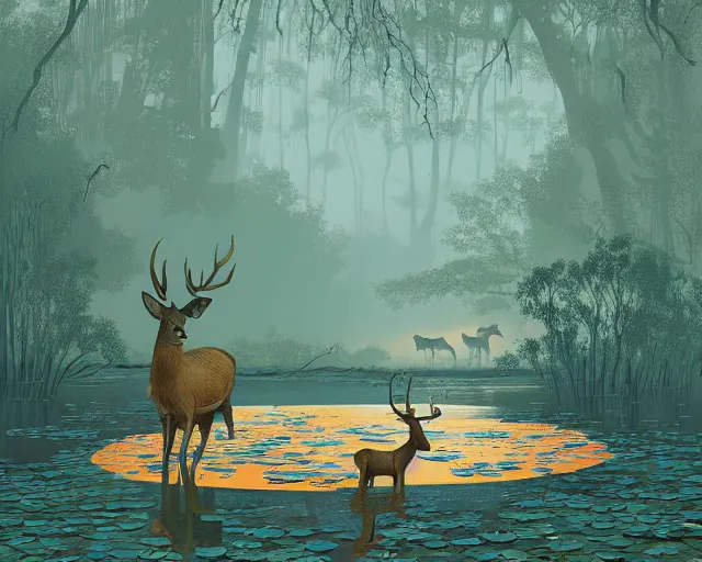 Image similar to a deer spirit walking in shallow water, surrounded by lily pads, digital art, illustrated by james gurney and victo ngai