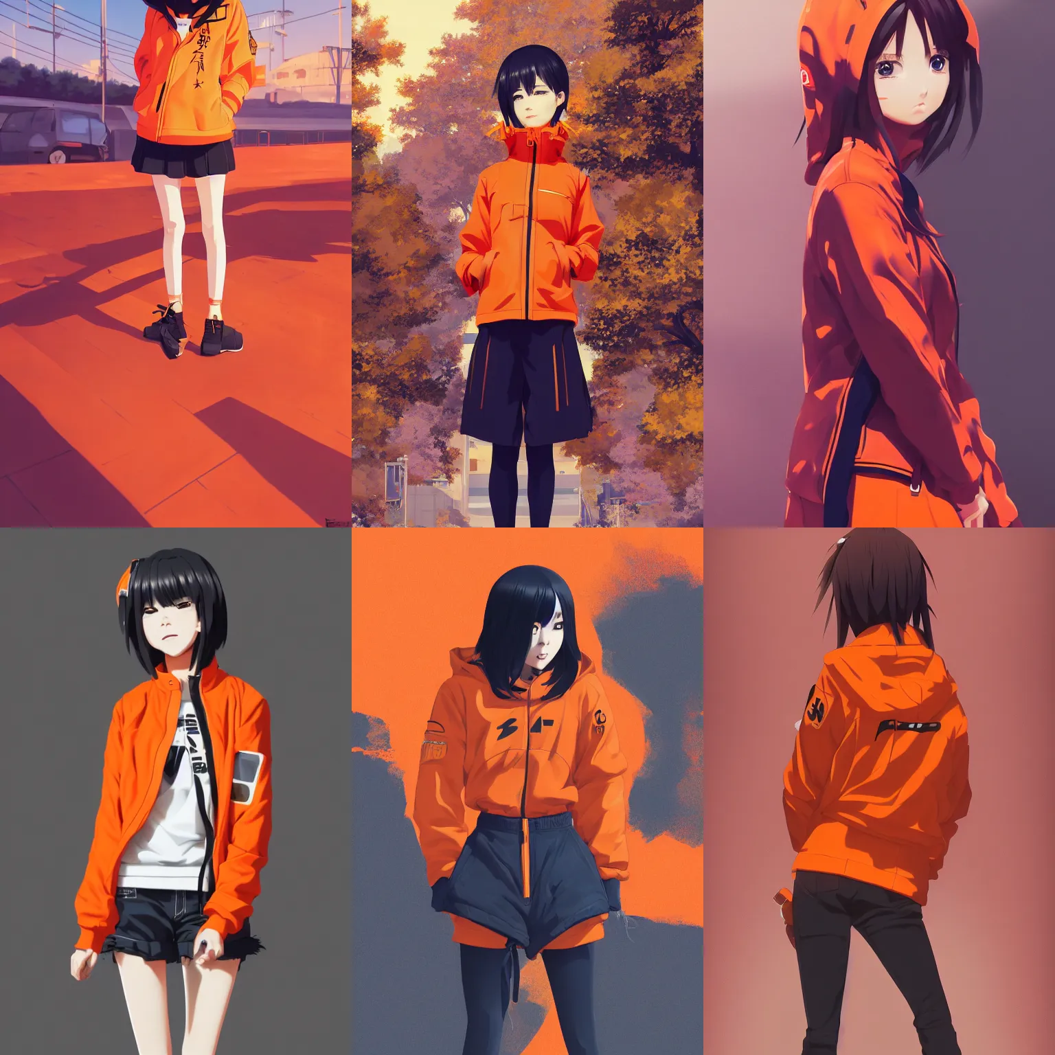 Prompt: full body pose, anime japanese girl in streetwear, orange jacket, by Ilya kuvshinov, Hicham Habchi, Very highly detailed 8K, Digital painting