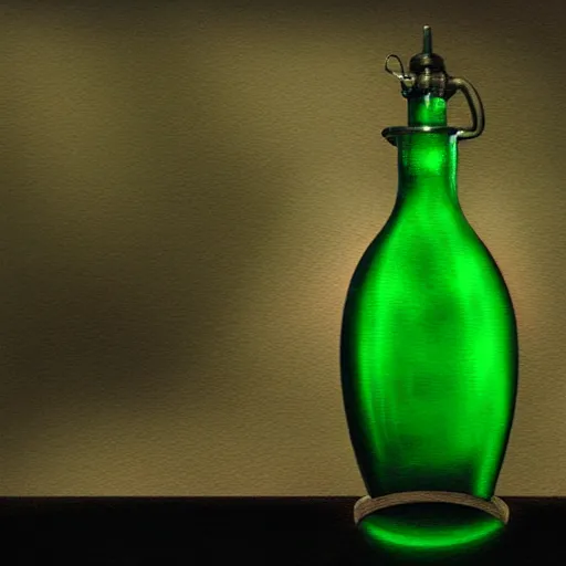 Prompt: a painting of a complex steampunk emerald emissive potion bottle centered on a counter in a dark dusty vintage science lab, by h. r. giger, hyperrealistic fantasy art, concept matte, ethereal, dreamy, digital art, trending on artstation, volumetric cinematic lighting