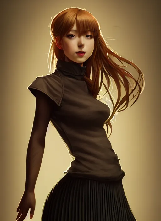 Image similar to portrait of a full body of beautiful young female detective, d & d, sleeveless turtleneck, pleated skirt, fantasy, flat lighting, intricate, highly detailed, digital painting, artstation, concept art, smooth, sharp focus, illustration, misa amane, art by simon bisley and greg rutkowski and alphonse mucha, natural tpose