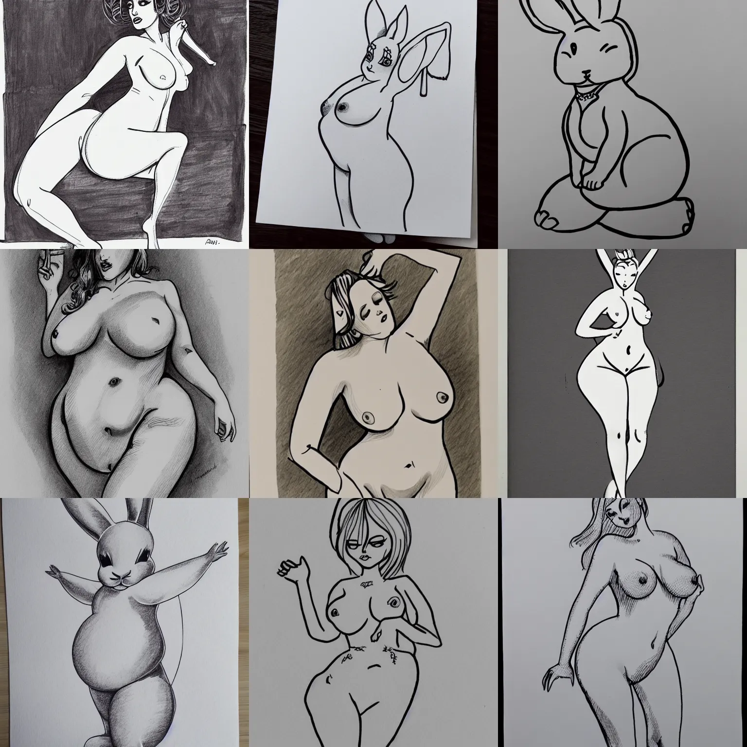 Prompt: a voluptuous bunny girl, ink outline,