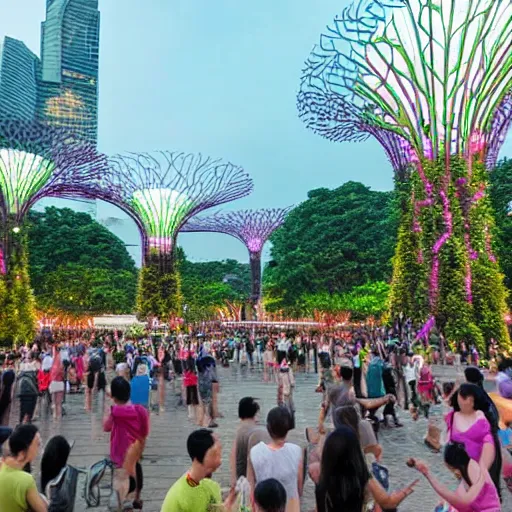 Prompt: large group of people partying at garden by the bay in Singapore, photorealistic, ultra-detailed, high resolution