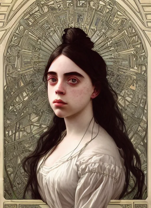 Image similar to Portrait of Billie Eilish in victorian london, elegant, highly detailed, fantasy, art by artgerm and greg rutkowski and alphonse mucha and Wayne Barlowe and william-adolphe bouguereau, smooth, sharp focus, octane render