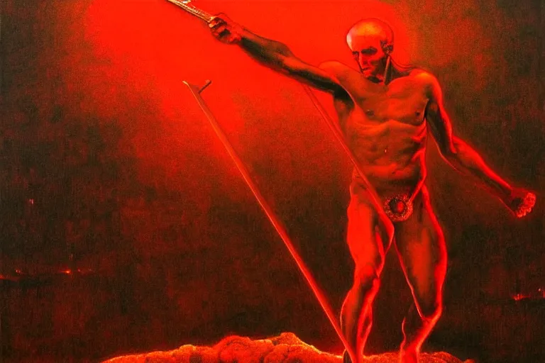 Image similar to only with red, a red melted apollo with a laurel wreath and a flaming sword announce the win, atene in the background, in the style of beksinski, part by hopper, part by rodcenko, part by hofbauer, intricate composition, red by caravaggio, insanely quality, highly detailed, masterpiece, red light, artstation