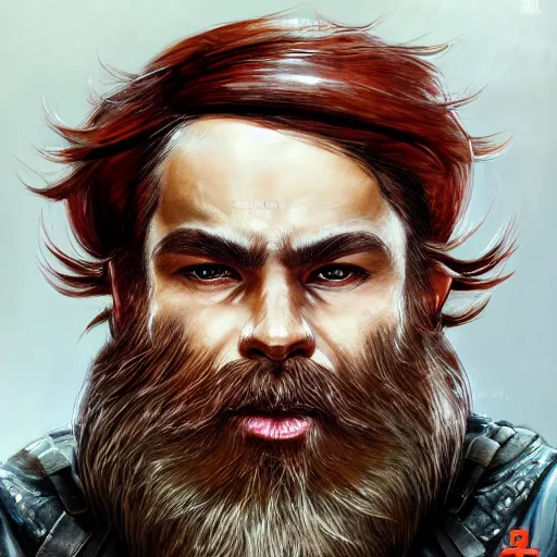 Image similar to portrait of a male dwarf by ayami kojima, he is about 2 0 years old, american, copper hair, strong, friendly, he is wearing a modern tactical gear, scifi, highly detailed portrait, digital painting, artstation, concept art, smooth, sharp foccus ilustration, artstation hq