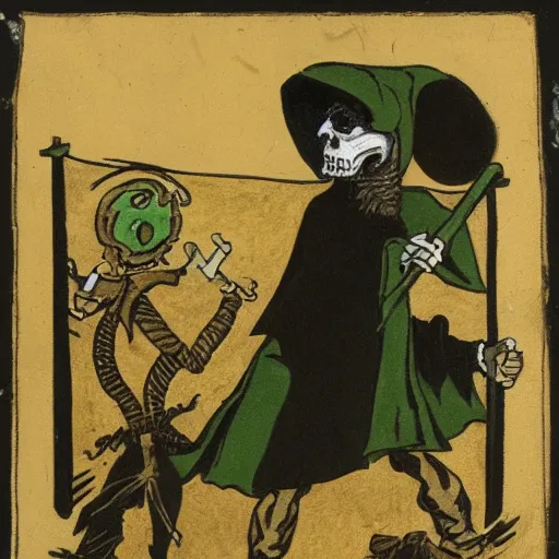 Image similar to a man wearing a black cloak with a skull head killing a man in green