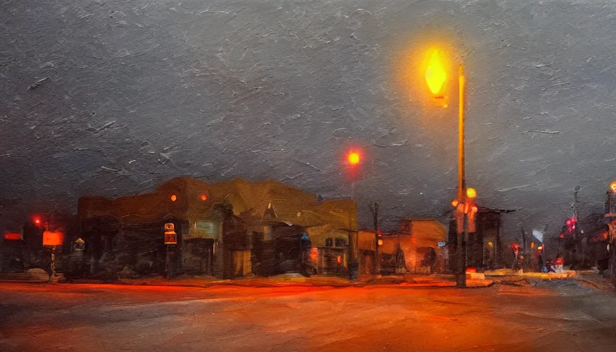 Prompt: painterly, messy, ominous landscape of north bend, washington main street, dark, lonely stop light glowing