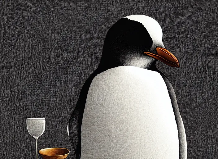 Image similar to portrait of a sad penguin sitting at a table, Mads Berg, Karolis Strautniekas, stippled light, editorial illustration, detailed,fine texture, textured, matte print