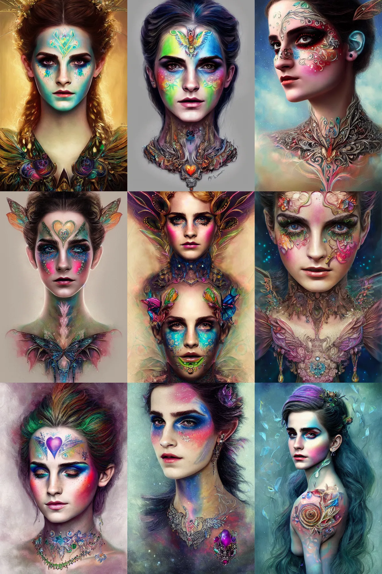 Prompt: portrait of rgb fairy, symmetric, facepaint facepaint facepaint, intricate jewelry, trending on artstation 4 k, high quality, in the style of karol bak and tom bagshaw, bust with face of emma watson, tattoos