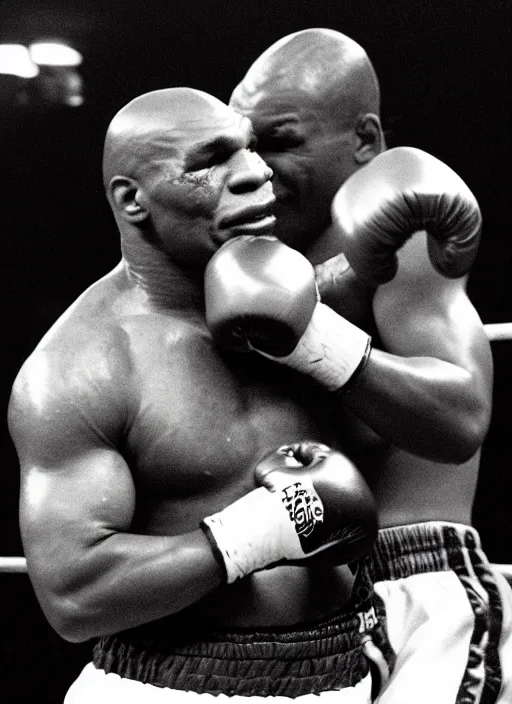 Image similar to a photograph of Mike Tyson punching himself in the head