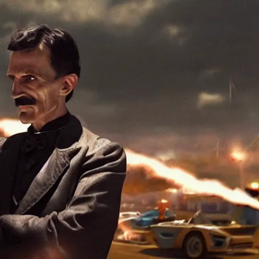 Prompt: A badass photo of Nikola Tesla in the Transformer movie