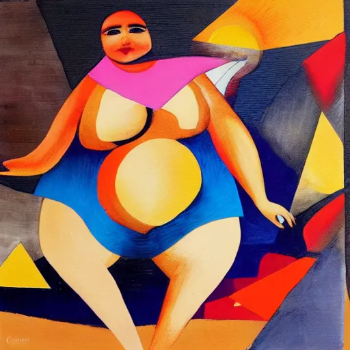 Image similar to fat latin woman dancing, brilliant sunset, cubism, texture, acrylic, no collage, no pastels