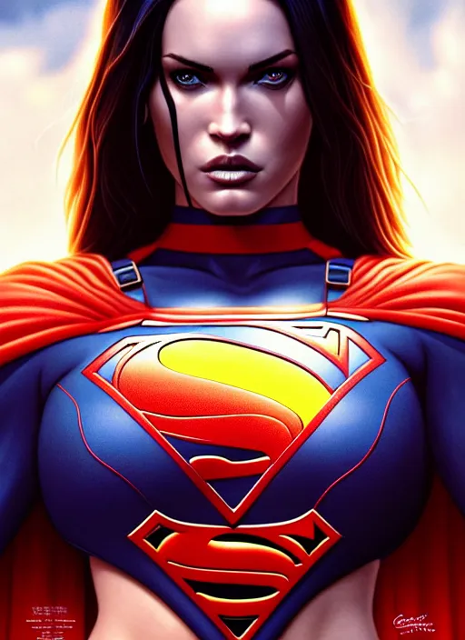 Prompt: symmetry!! gantz portrait of megan fox as super girl, unholy, intricate, highly detailed, dynamic lighting, digital art, digital painting, artstation, terence nielsen, sharp focus, illustration, art by artgerm and greg rutkowski and moebius, 8 k