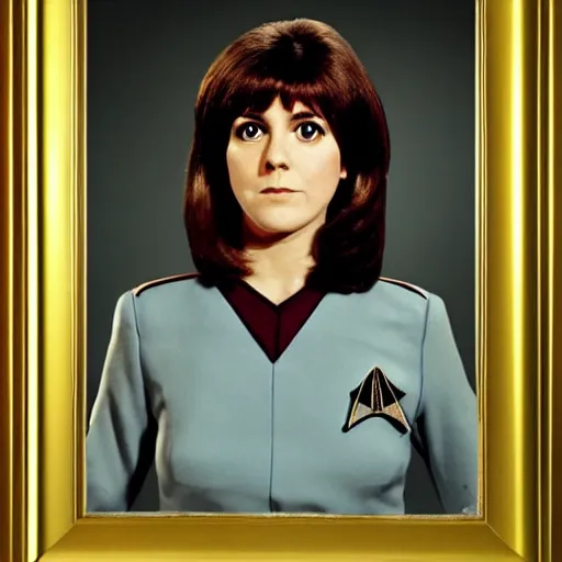 Image similar to a full body photograph of 1 9 7 0 s sarah jane smith from doctor who as a star fleet science officer from star trek next generation, full dress uniform, symmetrical face, extreme realism and detail, 8 k, completely framed, direct lighting, 3 5 mm photo, photorealistic, sharp focus