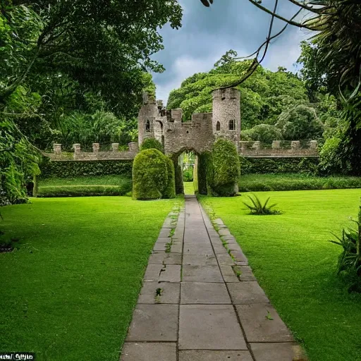 Image similar to the grounds are lush and green, with flowers and trees dotting the lawns. a path leads from the castle gates, through the grounds and into the jungle beyond