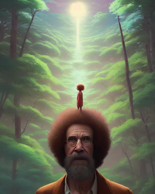 Image similar to highly detailed surreal vfx portrait of a sacred bob ross, stephen bliss, unreal engine, greg rutkowski, loish, rhads, beeple, makoto shinkai and lois van baarle, ilya kuvshinov, rossdraws, tom bagshaw, alphonse mucha, global illumination, detailed and intricate environment