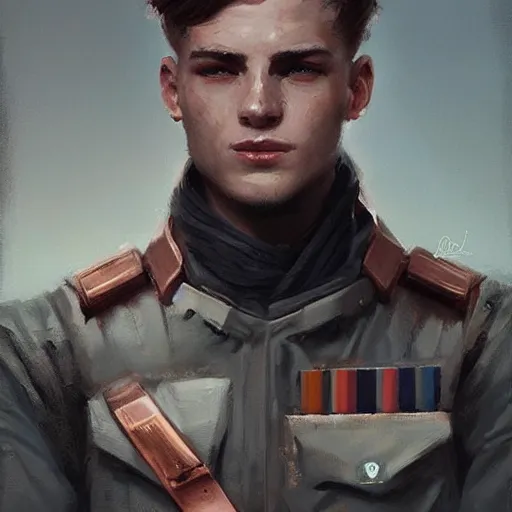 Prompt: Portrait of a man by Greg Rutkowski, he is about 20 years old, short copper hair, attractive, military composure, younger brother vibes, he is wearing futuristic military fatigues, highly detailed portrait, digital painting, artstation, concept art, smooth, sharp foccus ilustration, Artstation HQ.