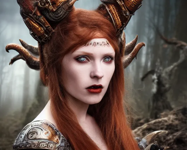 Prompt: 5 5 mm portrait photo of an armored gorgeous anesthetic redhead woman warrior with a face tattoo and horns growing from her head, and small dragon sitting on her shoulder in a magical forest in the style of stefan kostic, art by luis royo. highly detailed 8 k. intricate. lifelike. soft light. nikon d 8 5 0. cinematic post - processing