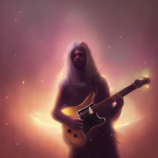 Prompt: UHD photorealistic Cosmic Druid playing electric guitar in the style of tonalism by Greg Rutkowski