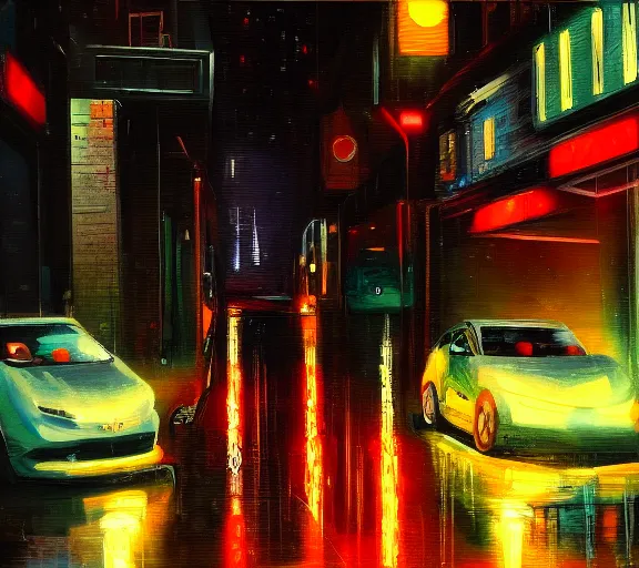 Image similar to melancholy on an empty street in a cyberpunk city during a rainy night, oil on canvas