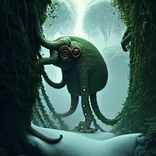 Image similar to a giant creature in a lush trunda vegetation, snow snow : : by michal karcz, daniel merriam, victo ngai and guillermo del toro : : ornate, dynamic, particulate, intricate, elegant, highly detailed, centered, artstation, smooth, sharp focus, octane render, 3 d