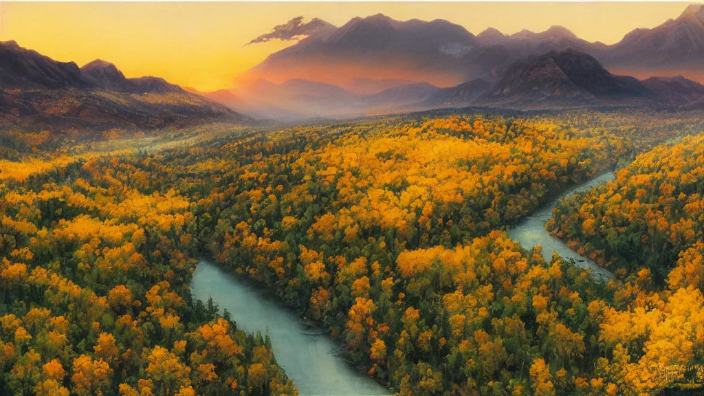 Prompt: The most beautiful panoramic landscape, oil painting, where the mountains are towering over the valley below their peaks shrouded in mist. The sun is just peeking over the horizon producing an awesome flare and the sky is ablaze with warm colors. The river is winding its way through the valley and the trees are starting to turn yellow and red, by Greg Rutkowski, aerial view