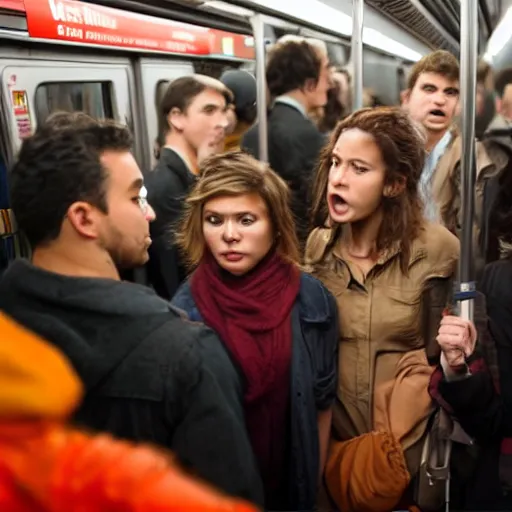 Prompt: A group of friends talking while standing inside a crowded compartment of the New York metro on Halloween, cinematic, 4k, thriller